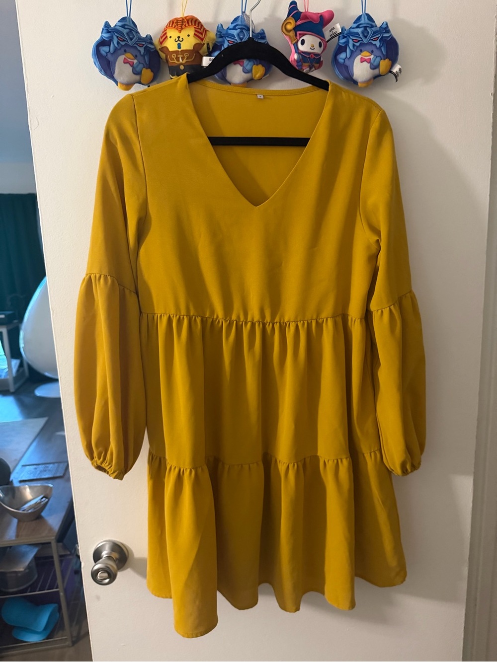 Mustard Yellow V-Neck Tiered Long-Sleeve Dress